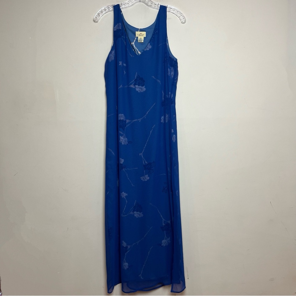 Vtg 90s Y2K Limited America 10 Blue Floral‎ Rayon Sleeveless Tank Maxi Dress